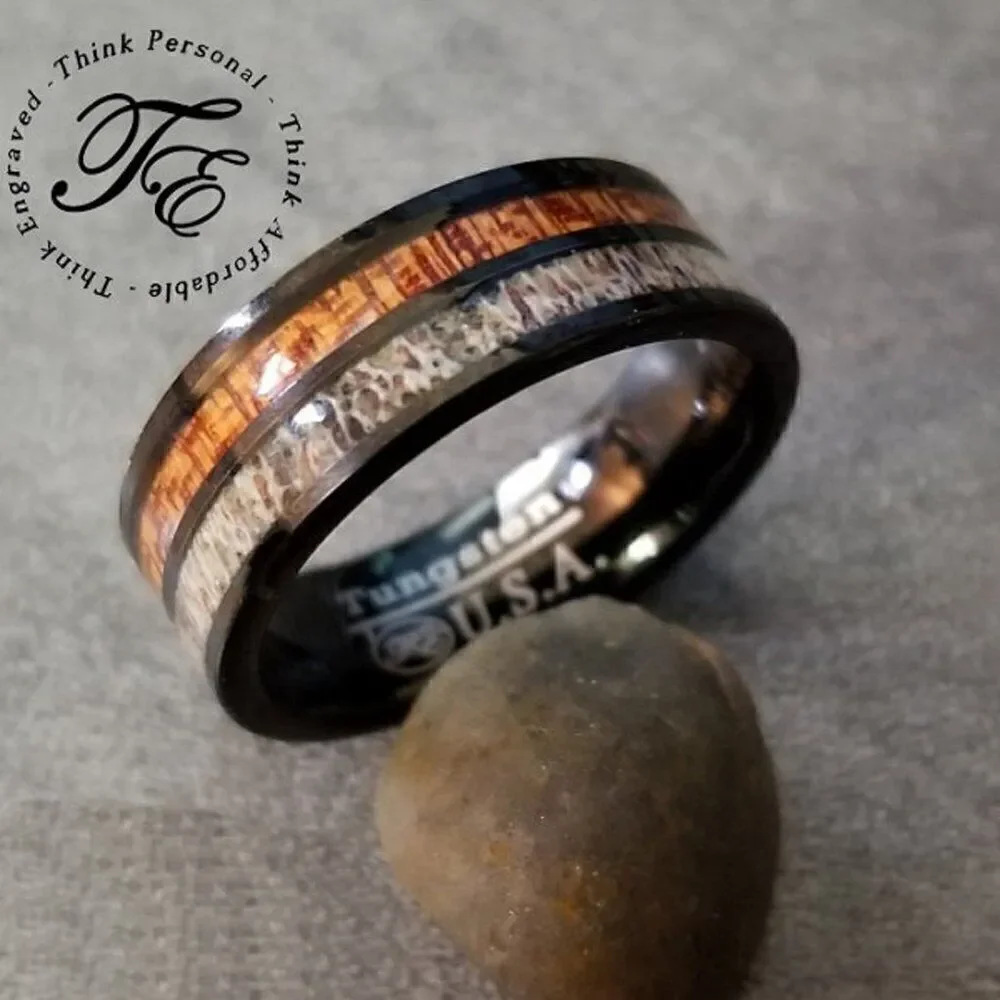 Men's Real Tungsten Wedding Ring With Deer Bone and Whiskey Barrel Wood Inlays